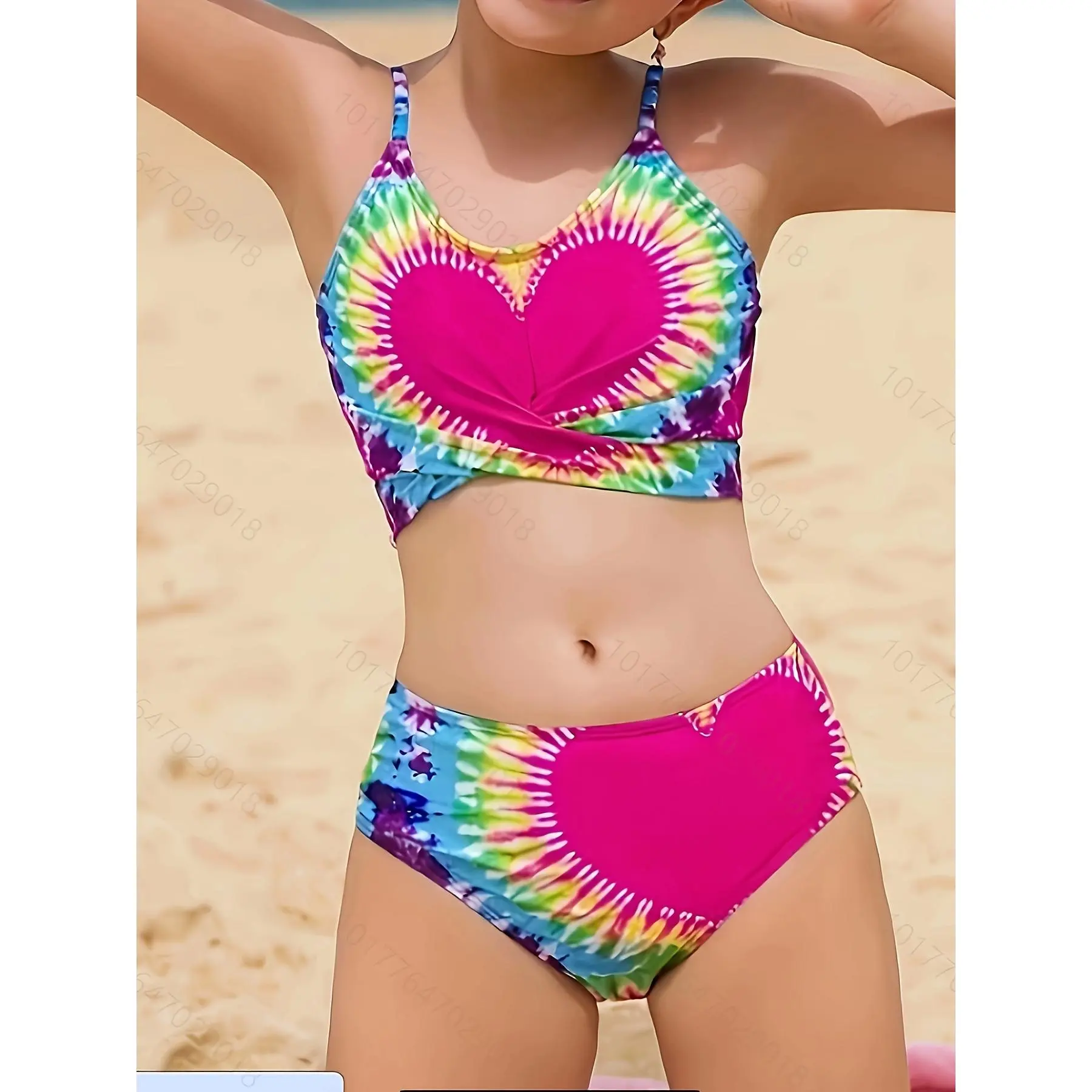 Girl's Heart Print 2-Piece Bikini Swimsuit, Kids' Swim Wear with Matching Swim Bottoms, Swimmingsuits