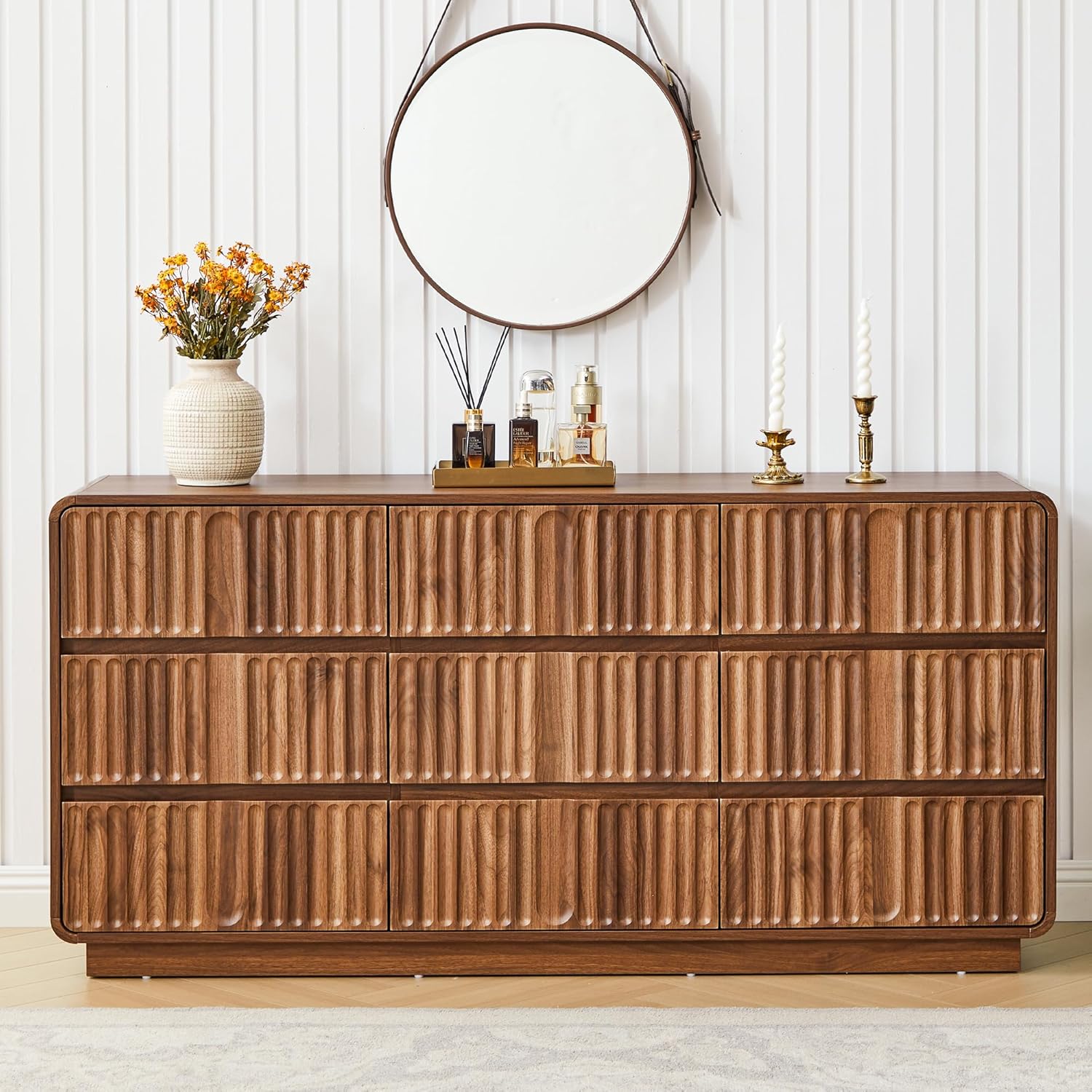 Giratree 60'' Modern Fluted 9-Drawer Dresser, Curved-Corner Wood Chest for Bedroom Storage — Also Works as a Stylish TV Stand