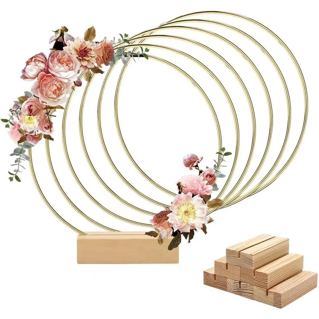 6-Pack 8in (20cm) Smooth Gold Metal Floral Hoop Centerpieces with 3.15in Wooden Base - Hanging Flowers, Artificial Wreath, Photo Prop, Ornaments for Wedding, Party Table Decoration