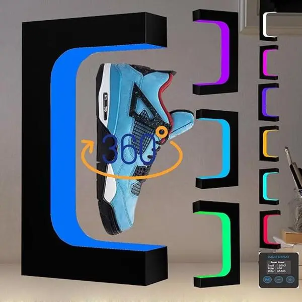 Levitating Shoe Display Magnetic Floating Sneaker Stand LCD Interactive Screen Adjustable Wide Range Accurate Weight Optional Rotation Speed Colorful LED Lights Acrylic Rack Exhibition Christmas Gift