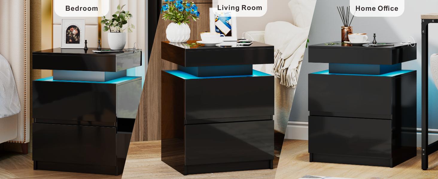 Miuvanity Nightstand Gun Drawer with USB & Type-C Port, LED Light, Modern Design for Office & Bedroom Storage, Includes Charging Station Bedside Table