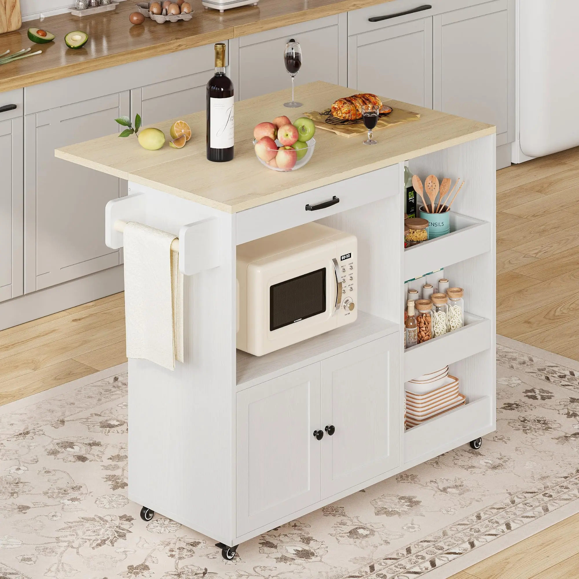 LIKIMIO Kitchen Island with Drop Leaf, Rolling Kitchen Island Cart on Wheels with Storage, Microwave Cart with Pull Out Open Shelves and Drawer, Mobile Kitchen Storage Islands,dorm essentials,home decor