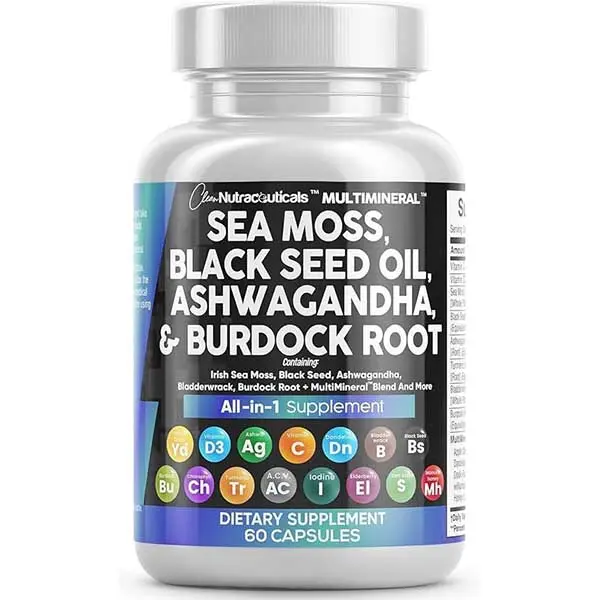 Clean Nutraceuticals Sea Moss, Black Seed Oil, Ashwagandha, Turmeric, Bladderwrack, Burdock, Vitamin C, Vitamin D3 with Elderberry Manuka Supplement Capsules – MultiMineral