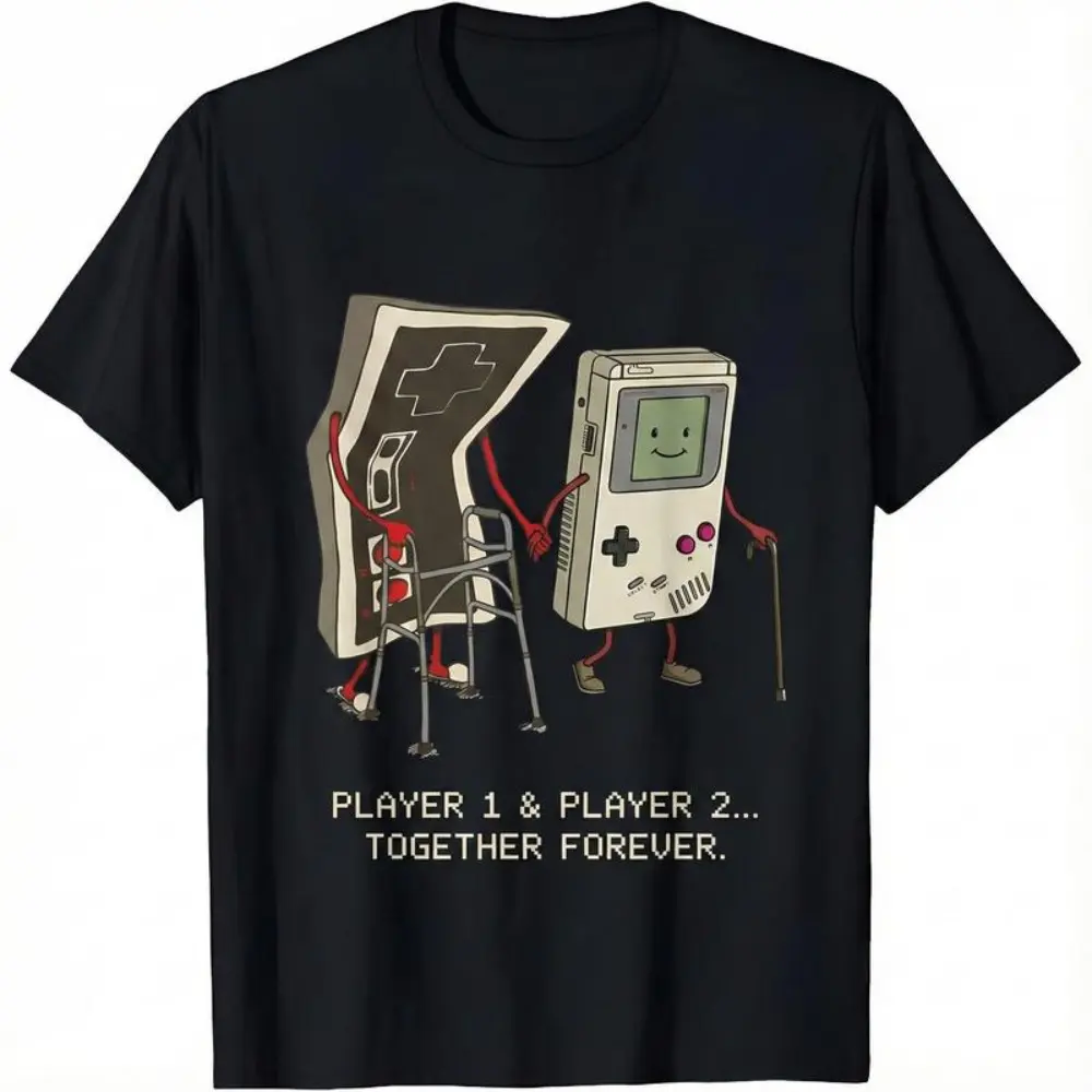 Couple's Matching Soft Cotton Short-Sleeve Gaming Lover Top Set, Funny Retro Graphic Round Neck Menswear Tees, Breathable Summer Gift for His & Hers, Casual Stylish
