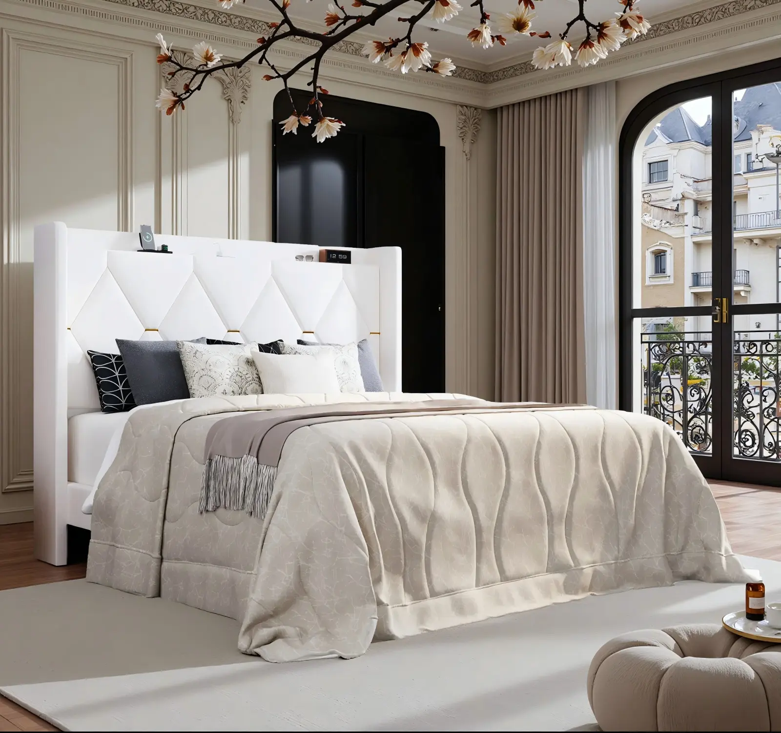 HOOMIC Modern Velvet Upholstered Platform Bed Frame【Frame Only No Mattress】with USB Charging Station and Storage Headboard-Full/Queen/King Size,Diamond Tufted Wingback Design with Gold Trim,No Box Spring Needed,Grey/White/Black#SummerVibes