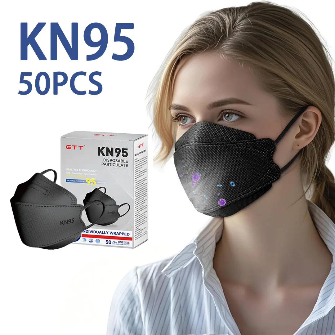 GTT KN95 Adults Face Masks Disposable, 50Pcs Individual Packaging, 5-Layer Non-Woven Fabric, 95% Filter Efficiency, 5 Layer Protection Adjustable KN95 Mask Breathable Comfortable Respirator Women Men KN95 Face Mask, Black White
