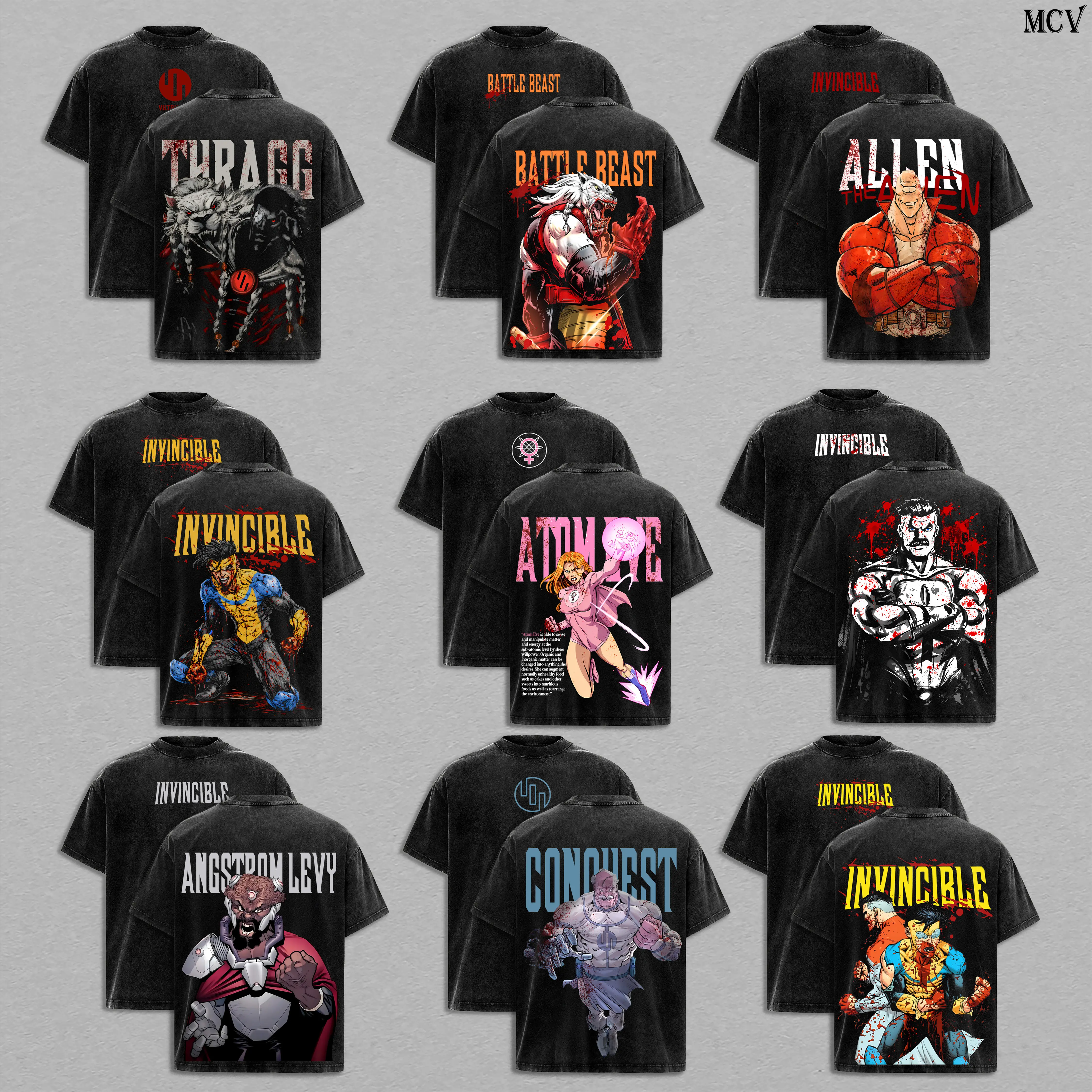 Men's Invincible Viltrumite Collection Washed Tee - Anime-Inspired Double-Printed Graphic Casual Apparel, Classic Round Neck Shortsleeve Heavy Cotton Unisex Oversize Streetwear Vintage Multiverse Power Edition