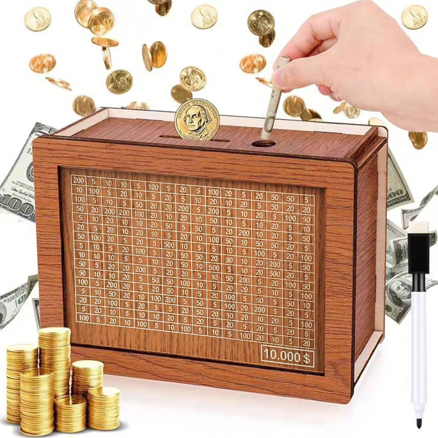Decorative Wooden Piggy Bank, $10,000 Savings Challenge Box, Cash Vault Money Saver, Birthday Gift Home Decor Ornament for Adults Kids