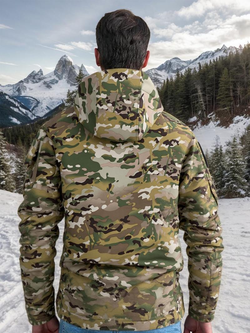 Men's Multi-Pocket Workwear Hooded Jacket, Fleece Waterproof Jacket, 9 Cl Menswear ose-Fitting Pockets Fleece Design. Menswear Coats Coats Tops Long Sleeve Operator Motocross Camo Camouflage Casual Navy Outdoorfun