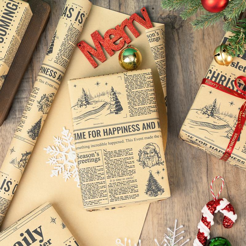 RUSPEPA Vintage Newspaper Christmas Wrapping Paper Roll Mini 17x16.4 Ft with Tree & Festive Design Kraft Gift Wrap for Holiday Party