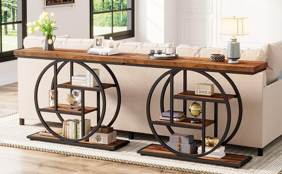 Tribesigns 41.3" Industrial Console Table: 4-tier Entryway Table with Circle Base, Narrow Accent Tables with Storage Shelves, Rustic Brown