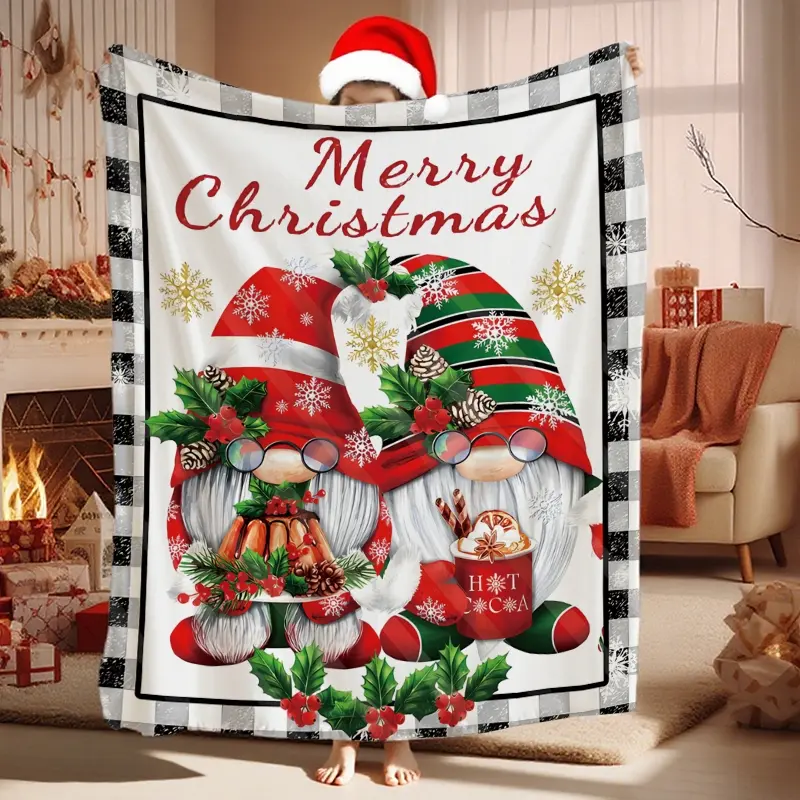 Christmas Elf Print Flannel Blanket, Soft Comfortable Sofa Throw, Holiday Decor Gift, Warm Lightweight Plush for All Seasons
