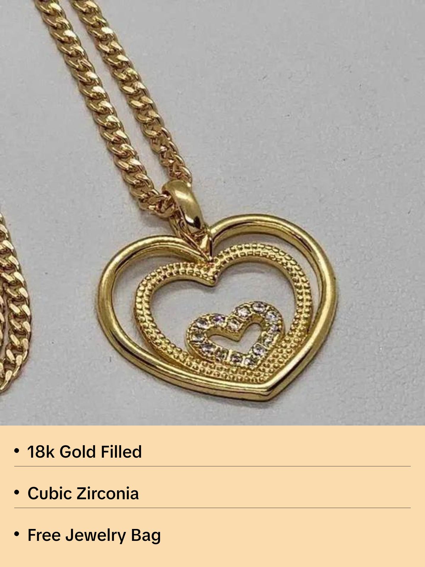 Brand New Brazilian 18k Gold Filled Triple Heart Necklace with Cubic Zirconia Stones for Adults Durable and Easy to Care For Free Jewelry Bag Included