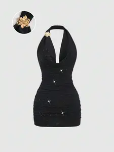 LUNIS Sweetra Black Sequin Mini Dress, Deep Draped Neck, Open Back, Ruched Waist, Bodycon Fit, Women's Spring Summer , Suitable For Vacation