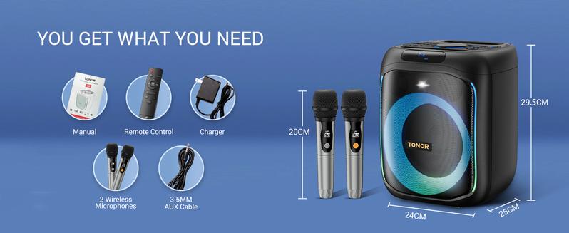 TONOR K6 Karaoke Machine for Adults, Portable Bluetooth Singing PA Speaker System with 2 Wireless Microphones and RGB LED Lights, Supports BT/AUX/USB/TF Card for Party, Home Karaoke, Outdoor/Indoor