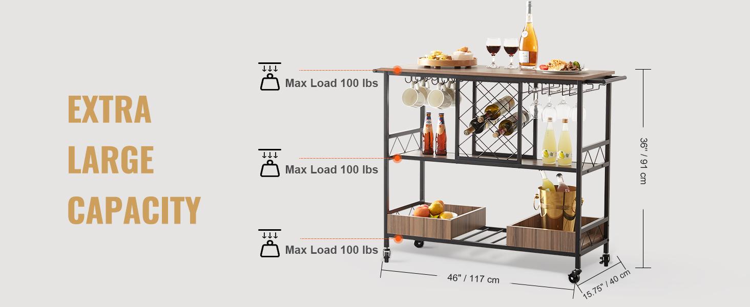VEVOR 3-Tier Bar Serving Cart Rolling Trolley with Wine Grid Glass Holder 300LBS Organiser Racks
