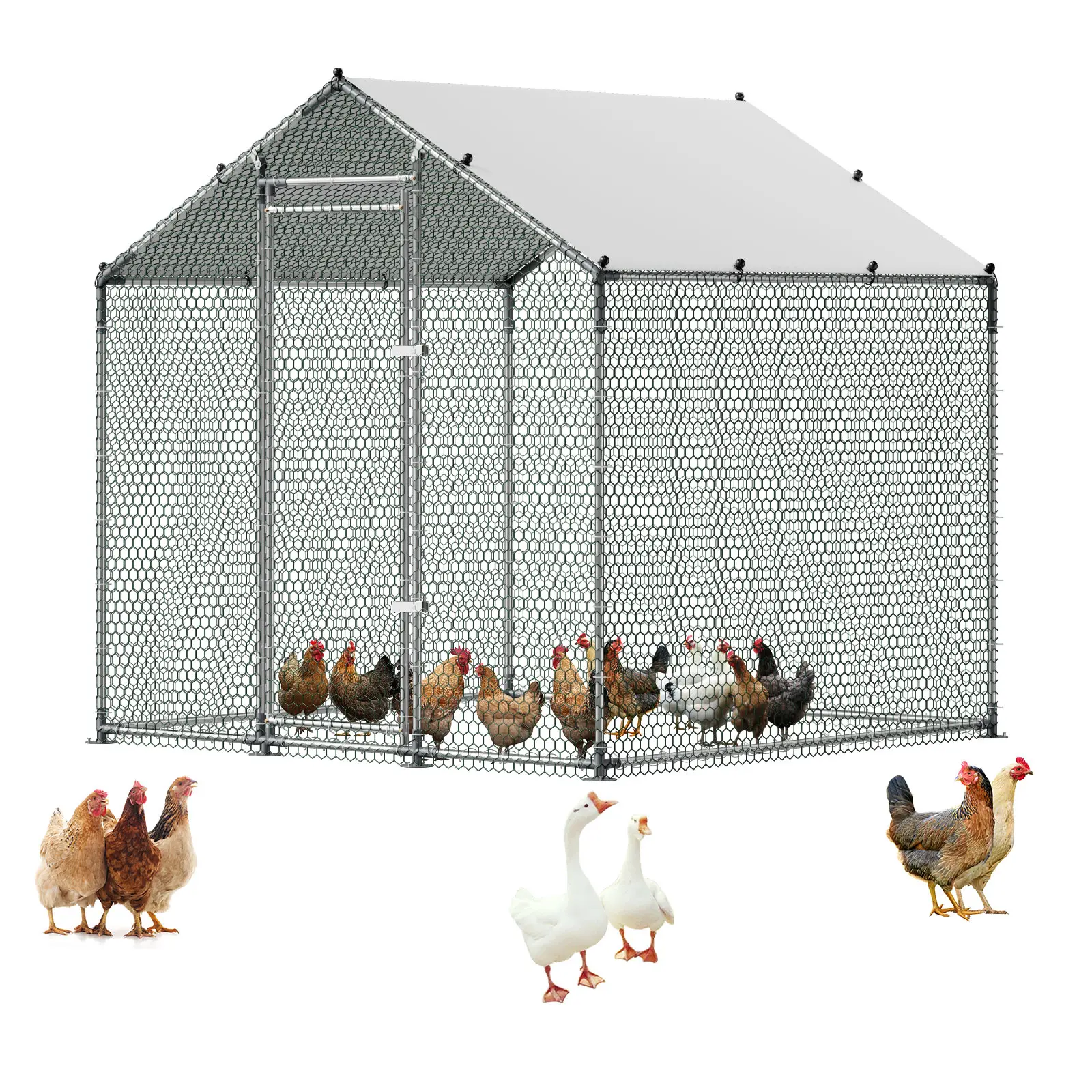 VEVOR Large Metal Chicken Coop, 6.6x6.6x6.6 ft Walk-in Run with Enclosed House, Run Cover, Security Lock, Outdoor Poultry Pen for Backyard Farm