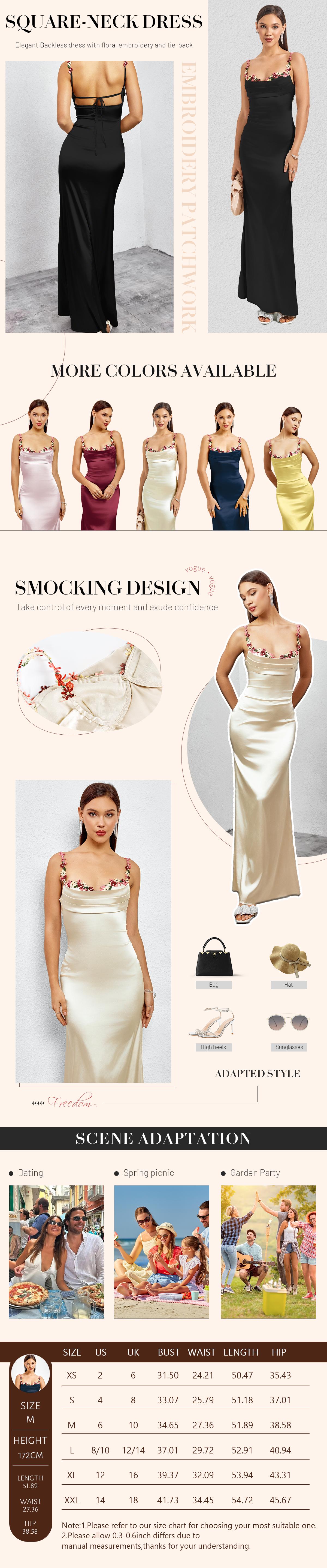 Floral Embroidery Appliques Backless Ruched Satin Cami Long Dress, Fashionable Elegant Date Hip Long Dress SpringStatements Floral Embroidery Appliques Backless Ruched Satin Cami Long Dress, Fashionable Elegant Date Hip Long Dress SpringStatements