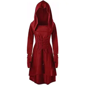 Cicy Bell Women's Renaissance Costumes Hooded Robe Halloween Lace Up Hoodie Dress Vintage High Low Medieval Cloak Grey Fitted Minimalist