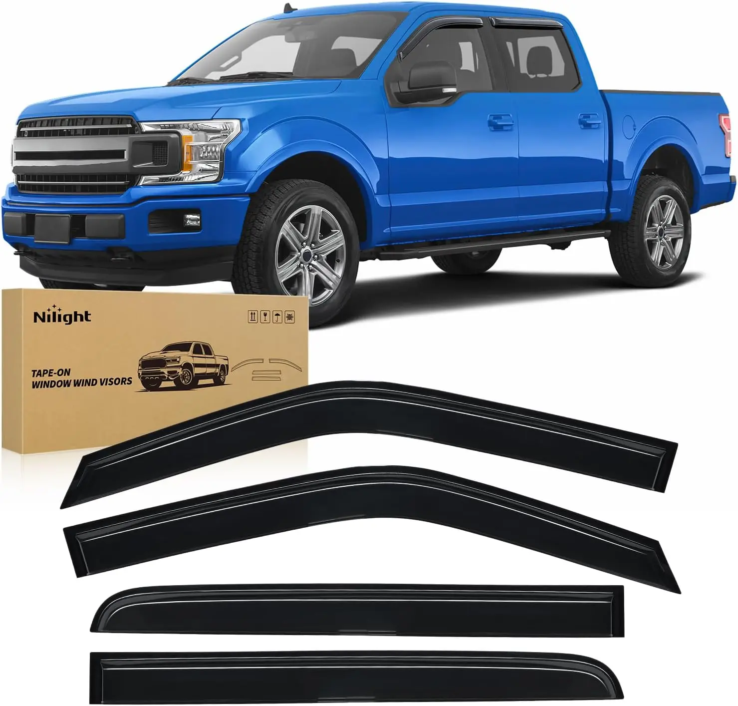 Nilight Tape-On Window Rain Guards & Wind Deflectors for Ford F150 Crew Cab (Not Fit Lariat/Raptor) 2015-2024, 4PCS Car Exterior Side Window Accessories, Window Rain Guard