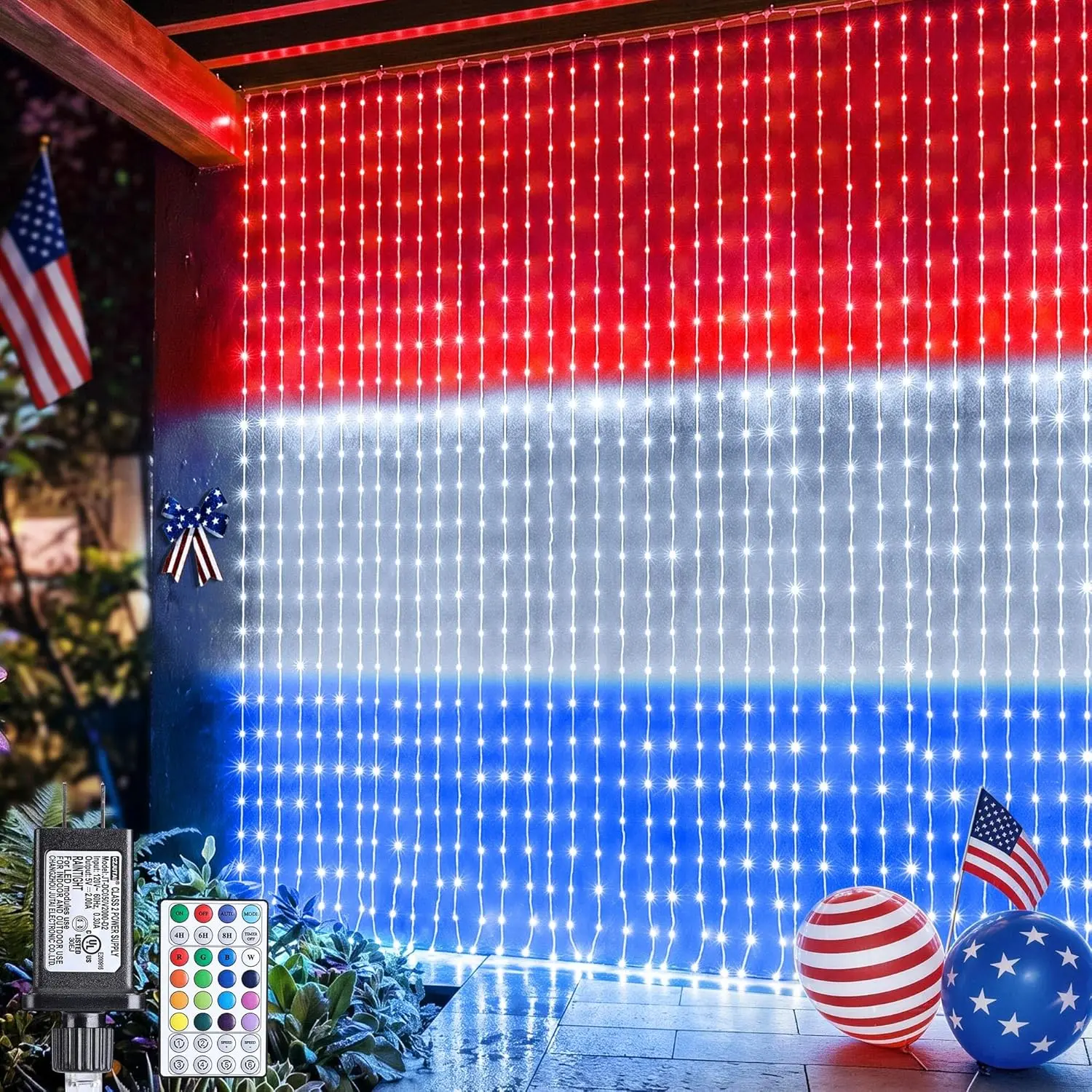 Color Changing Curtain Lights, 256 LED Red White Blue Window Curtain Lights with Remote, 5.16 * 5.24ft Plugin July 4th Window Fairy Light for Christmas July 4th Halloween Bedroom Wedding Home Decor