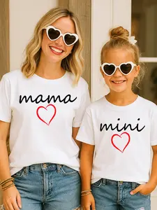 Minimalist Lightweight Cotton Fabric Short-Sleeve Heart Print Mommy and Me T-Shirts, Handmade Everyday Matching Outfits for Women and Girls, Birthday Family Gift Set