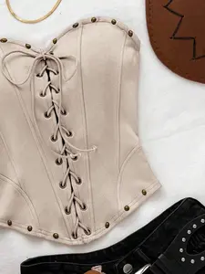 OFFGRID x Soleia Sexy Halter Strap Suede Rivet Deconstruction Crop Top, Holiday, Date, Afternoon Tea, Vacation, Music Festival, Boho, Beach, Summer Black Corset Top Black Lace Up Corset Western Corset