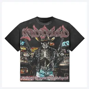 Godspeed Retro Wild West Skeleton Cowboy Graphic T-Shirt – Vintage Outlaw Gunslinger Skull Gothic Streetwear Biker Graphic Tee
