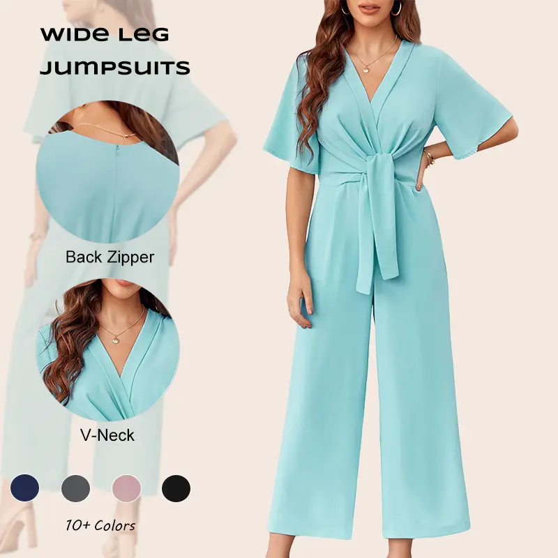 Womens Wide Leg Jumpsuits Short Sleeve Tie Knot Front Summer casual cute Long Romper