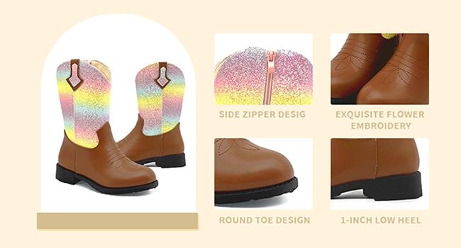 Kids Cowboy Boots for Boys Girls, Western Boots Embroidered Faux Leather Cowgirl Wide Width Ankle Boot Round Toe Mid Calf Riding Shoes for Little Big Kid