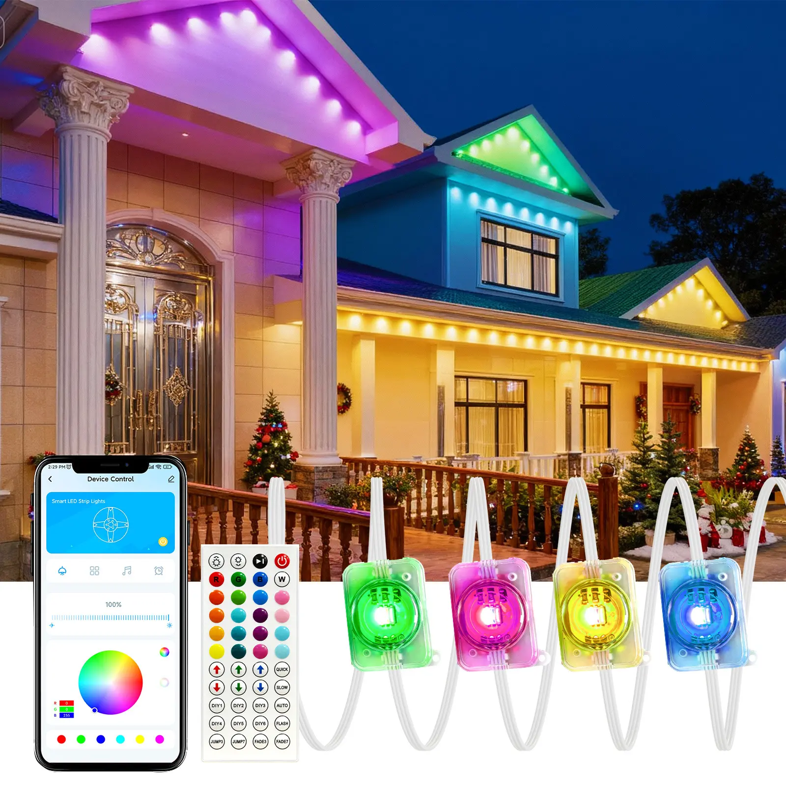 Permanent Outdoor House Light, 50-100ft Smart RGB Outdoor Light, with Multiple Scene Modes, IP65 Waterproof Eaves Light, Suitable for Christmas and All Holiday Decorations