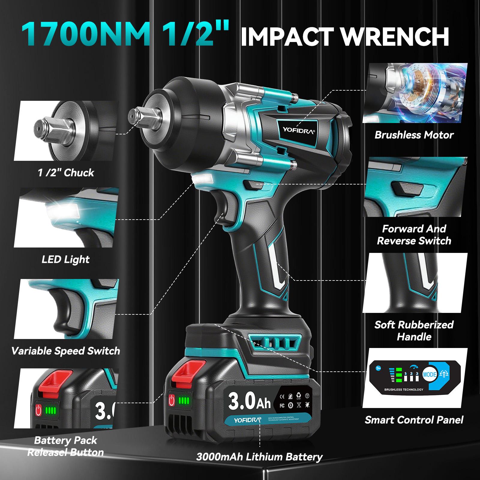 YOFIDRA Cordless Impact Wrench 1/2" Drive 1700Nm High Torque Power Tool Kit, 3-Speed Brushless Electric Wrench with 2×3.0Ah 1500mAh Batteries, Fast Charger, 17/19/21/22mm Sockets, LED Light, Compatible with Makita 18V Battery half inch YOFIDRA Cordless Impact Wrench 1/2" Drive 1700Nm High Torque Power Tool Kit, 3-Speed Brushless Electric Wrench with 2×3.0Ah 1500mAh Batteries, Fast Charger, 17/19/21/22mm Sockets, LED Light, Compatible with Makita 18V Battery half inch
