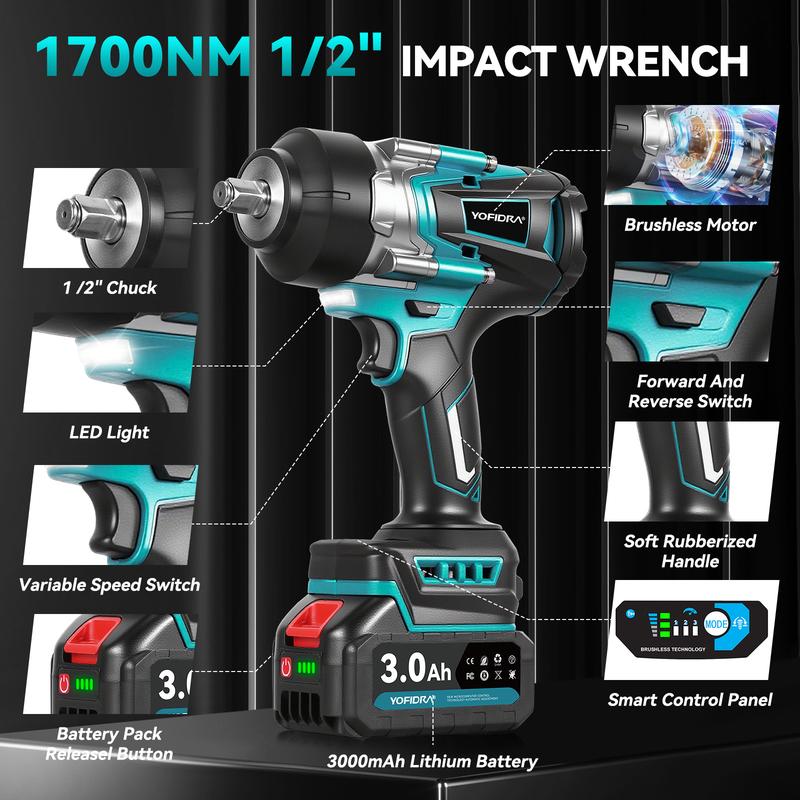 YOFIDRA Cordless Impact Wrench 1/2" Drive 1700Nm High Torque Power Tool Kit, 3-Speed Brushless Electric Wrench with 2×3.0Ah 1500mAh Batteries, Fast Charger, 17/19/21/22mm Sockets, LED Light, Compatible with Makita 18V Battery half inch