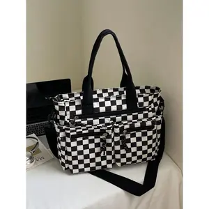 Stylish and Versatile Plaid Color-blocked Checkered Pattern Multi-pocket Portable Casual Tote Bag, Women's Shoulder/crossbody Bag