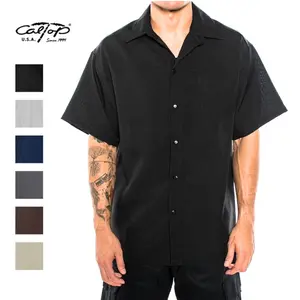 CALTOP Short Sleeve Button Up Solid Shirts in Beige Brown Khaki Gray Black Navy 100% Polyester Comfortable Fit Machine Washable Shortsleeve