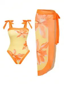 Women's Boho Floral Tie Shoulder One Piece Swimsuit with Cover Up Skirts 2 Piece Bathing Suit