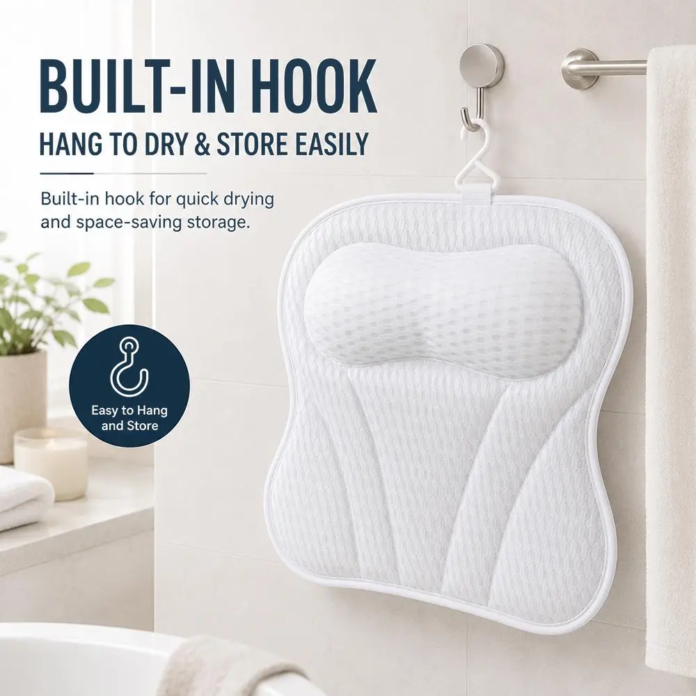 4D Curved Ergonomic Bathtub Pillow for Neck & Shoulders Relief - Mesh Fabric, Quick-Drying, Lightweight Headrest, 6 Non-Slip Suction Cups, Machine-Washable, Gentle on Skin, Durable Bath Accessory, Thoughtful Gift, Fits Most Bathtubs