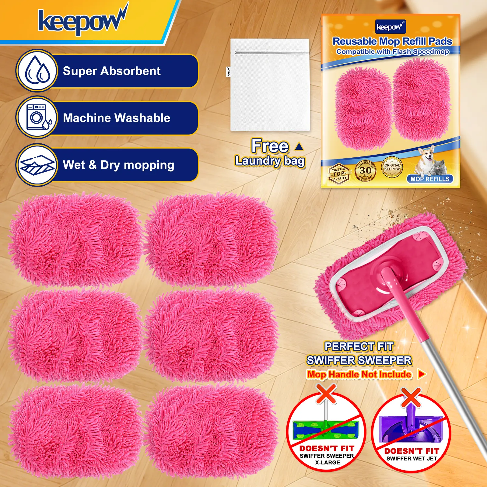 KEEPOW 2 Packs Reusable Microfiber Mopheads - Dry Sweeping Cloths, Wet Pads Compatible with Swiffer Sweeper, Washer and Dryer Safe for Hardwood, Ceramic Tile Surfaces, Lasting Pads Save on Disposable Costs, Cleaning Supplies, Hardwood‑Safe
