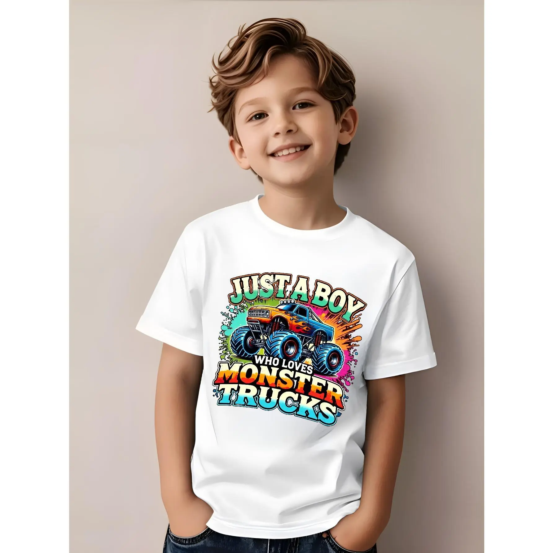 Just A Boy Who Loves Monster Trucks Unisex T-shirt boys clothing girl clothes downtown girl clothes youth clothing cool girl outfits cute clothes for teens kids stuff Kids Casual country boy clothes kids clothing Funny Graphic Tees Graphic Fashion Tee