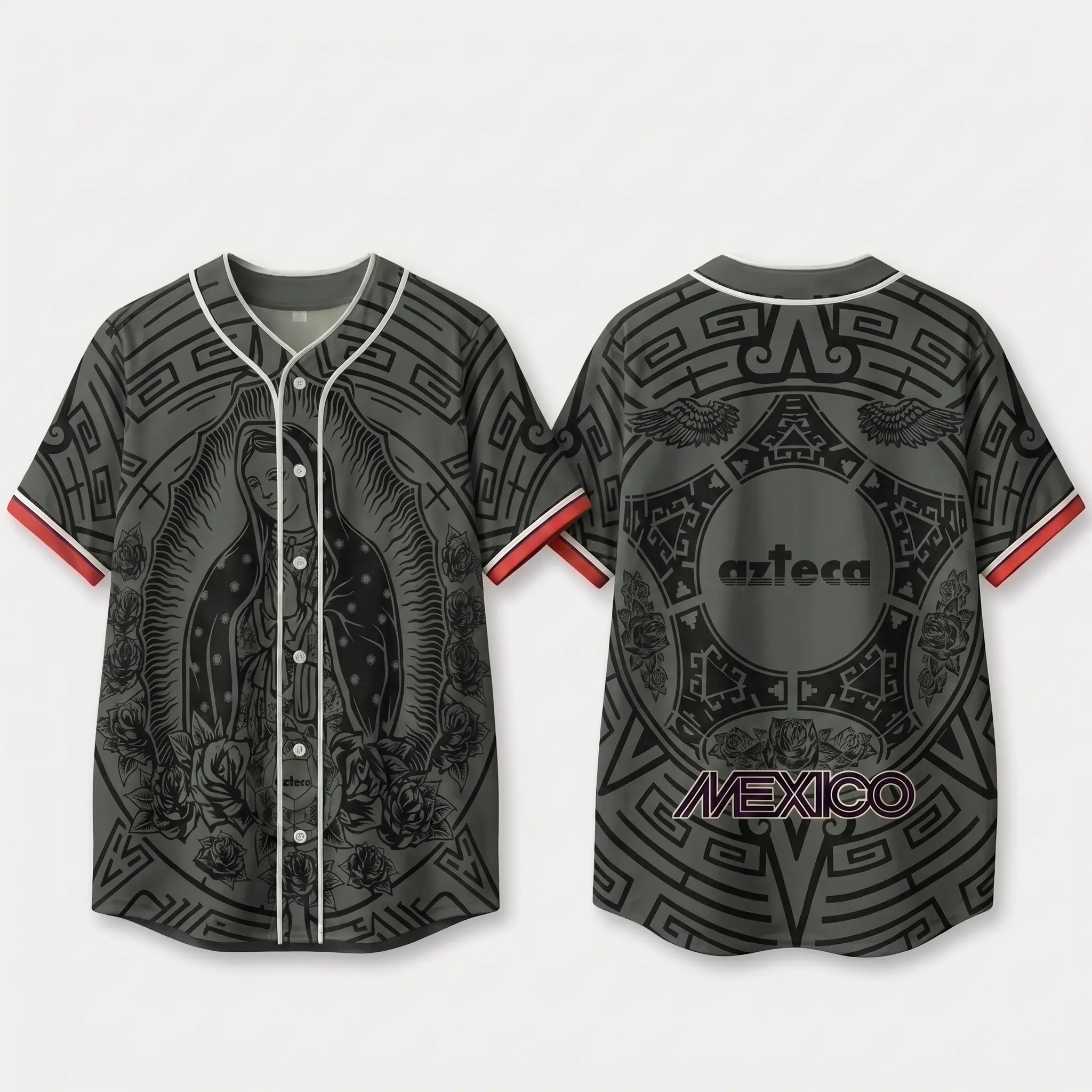 Men's Gray Our Lady of Guadalupe Baseball Jersey – Mexico Aztec Faith Graphic Button-Up Shirt, Catholic Religious Sports Jersey, Heritage Streetwear Top