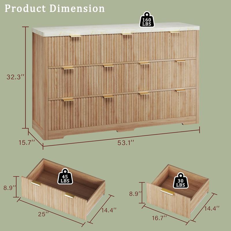 Fluted Dresser for Bedroom with 7 Drawers, 53'' Modern Dressers with Faux Marble Top, Mid Century Chests of Drawers with Gold Handle & Curved Profile, Natural Wood TV Dresser for Bedroom, Living Room Fluted Dresser for Bedroom with 7 Drawers, 53'' Modern Dressers with Faux Marble Top, Mid Century Chests of Drawers with Gold Handle & Curved Profile, Natural Wood TV Dresser for Bedroom, Living Room