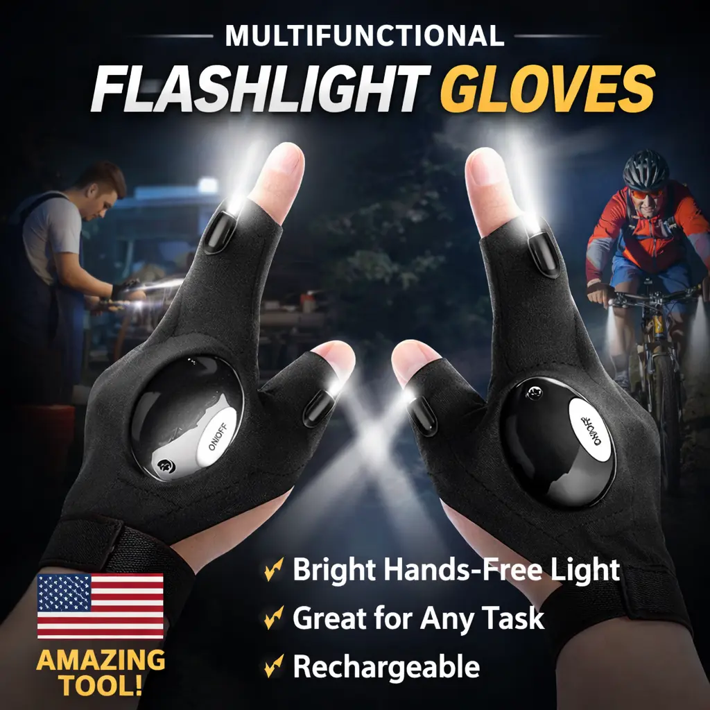 LED Flashlight Gloves with Adjustable Strap, Cool Gadgets for Men, Guys Gifts for Boyfriend, Hands-Free Elastic Fabric Finger Lights for Fishing & Repairing, Camping, Adjustable Strap Sports Gloves, Velcro Strap