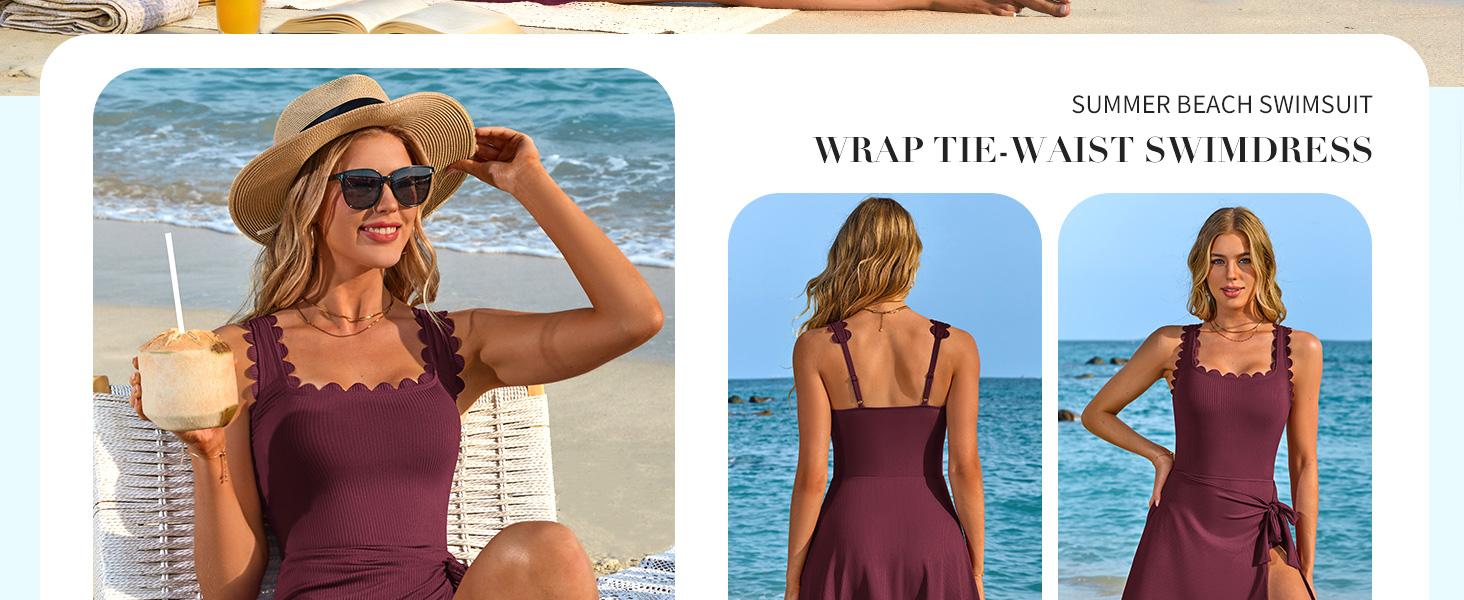 Charmo One Piece Swim Dress Scalloped Modest Swimsuits for Women Tummy Control Bathing Suit with Skirt Square Neck