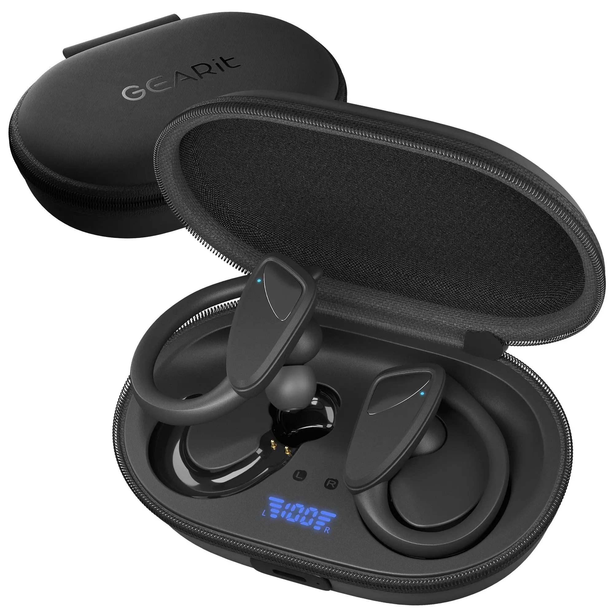 GEARit Durable Sport Hook Earbud Headset - IPX7 Waterproof Headphones, Bluetooth 5.4, ANC Active Noise Cancellation, 23hr Battery, LCD Display, Charging Support, Compatible with Game Consoles for Workouts