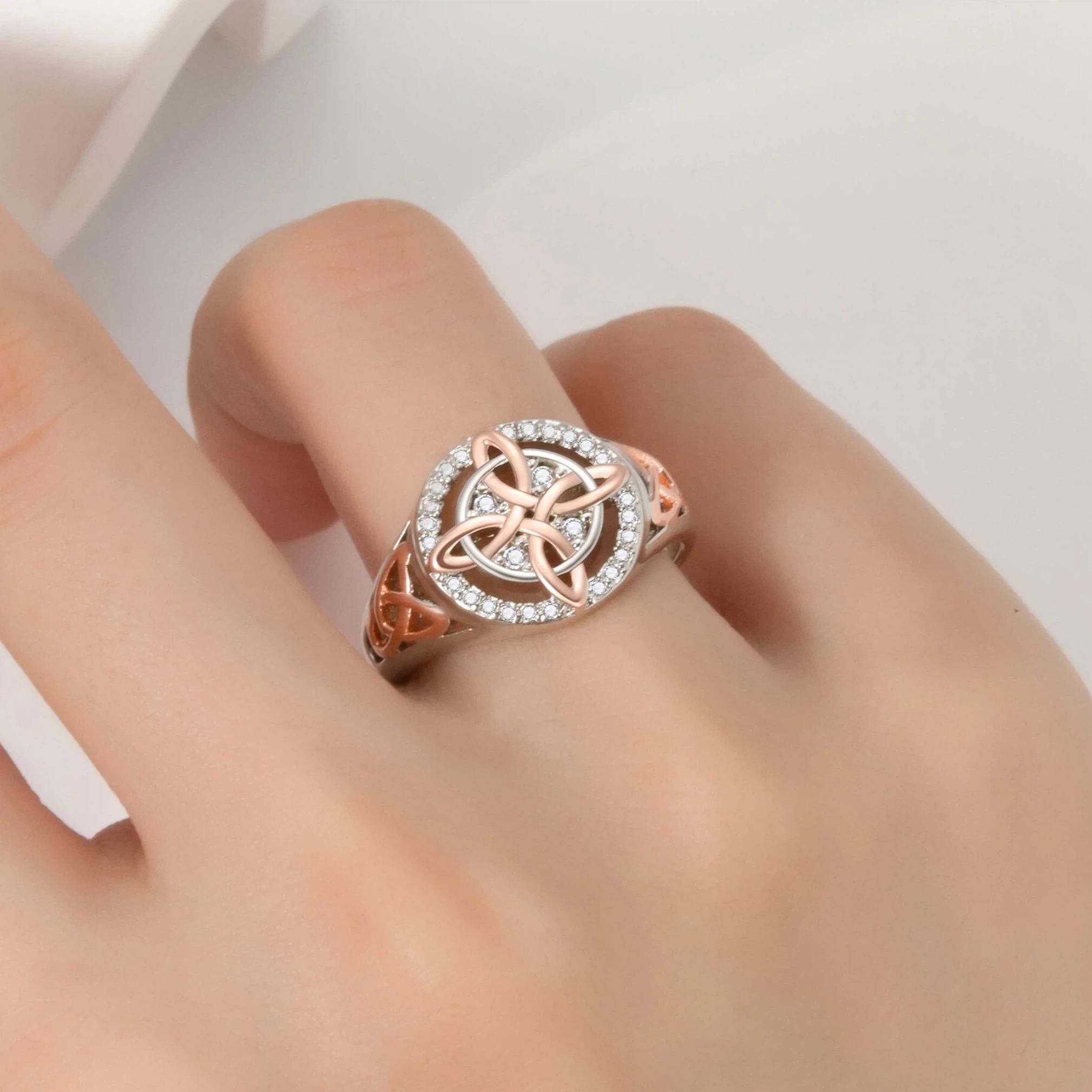 925 Sterling Silver Rose Gold Plated Celtic Knot Ring, Anillo Nudo de Bruja Plata 925 Original Witch Knot Jewelry, Cubic Zirconia Decorated S925 Witches Knot Ring, Witchtok Witch Jewerly Pagan Jewelry for Devotion for Protection