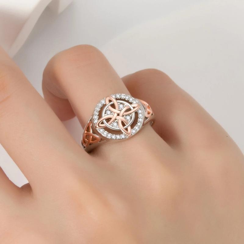925 Sterling Silver Rose Gold Plated Celtic Knot Ring, Anillo Nudo de Bruja Plata 925 Original Witch Knot Jewelry, Cubic Zirconia Decorated S925 Witches Knot Ring, Witchtok Witch Jewerly Pagan Jewelry for Devotion for Protection