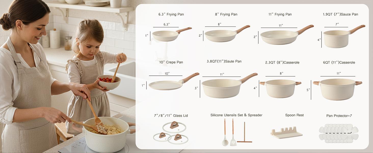 USELUCK Cookware Set 8-Pans 22-Piece Ceramic Cookware Set Non-Stick Kitchen Pots with Lids Creamy White Granite Finish Induction Cooktop Compatible Includes Glass Lids Crepe Pan PFOA/PFOS-Free Gift Boxed Kitchen Set