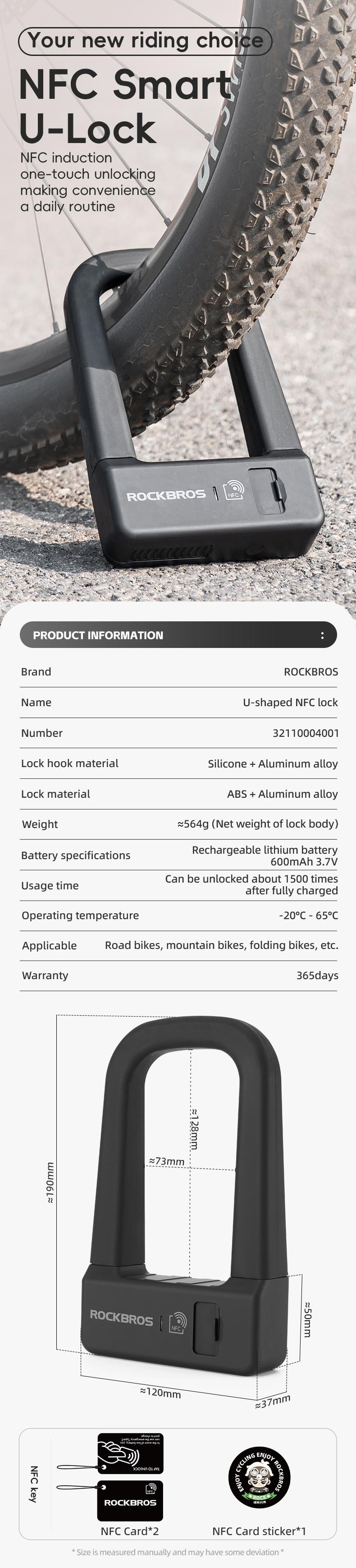 ROCKBROS Smart U Lock NFC Unlocking MTB Road Bike Lock  Anti-theft Lock Waterproof Rechargeable Safety Bike Lock