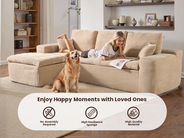 【Stock Up Sale】Ovios 106" Double Layer Cloud Modular Couch with Chaise, Plush Corduroy, No Assembly Required - L-Shaped Sectional Sofa Set with Flexible Configuration - 106"W x 69"D x 36"H, 3 Seater