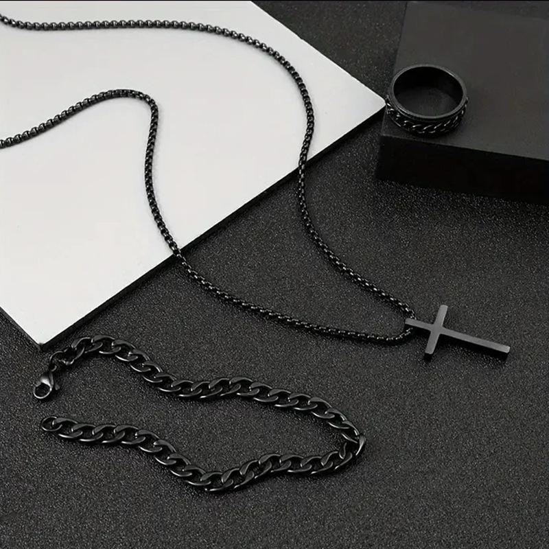 Men's Stainless Steel Cross Pendant Necklace Bracelet & Ring Set Elegant Fashionable Jewelry Gift for Holidays Durable Cohesive Ensemble